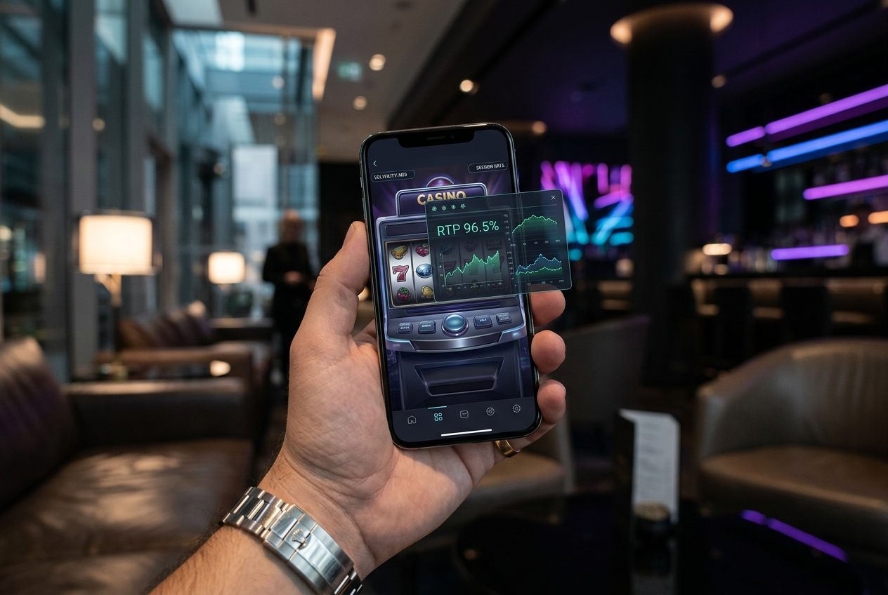 A digital overlay of casino statistics like RTP and volatility on a mobile screen.