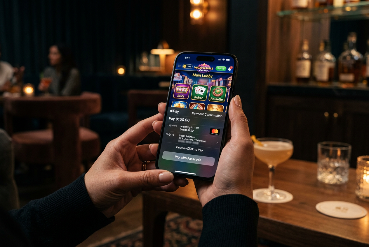 Osoba korzystająca z Apple Pay w aplikacji kasynowej na iPhone.